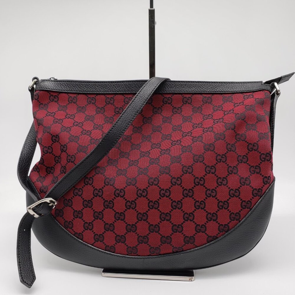 Authentic Gucci GG Canvas Crossbody Red/Black Monogram Leather Trim Shoulder Bag - Picture 2 of 16